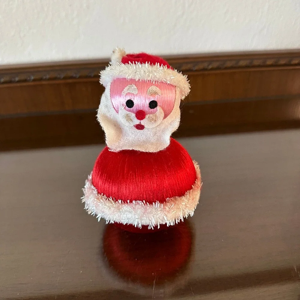 Vintage Satin Silk Thread Santa Claus Christmas Ornament Red Pink Mid Century